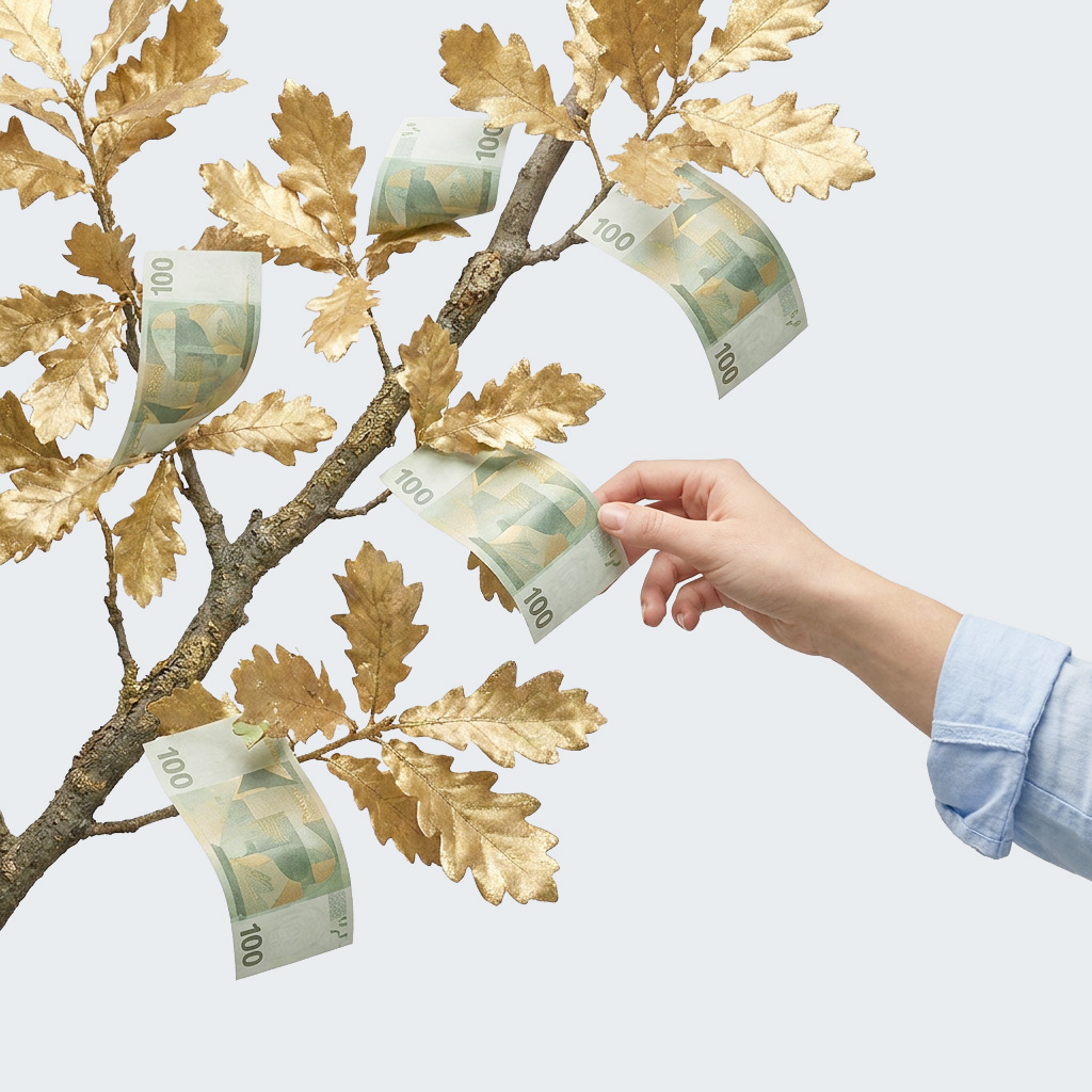Gałąź dębu ze złotymi liśćmi i banknotami które na niej rosną.